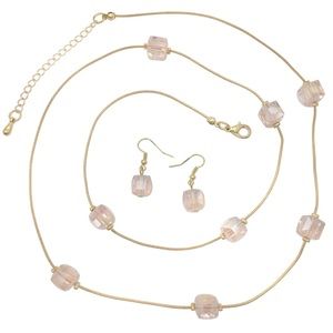 Pink Glass Cube Bead Long Necklace Earrings Set
